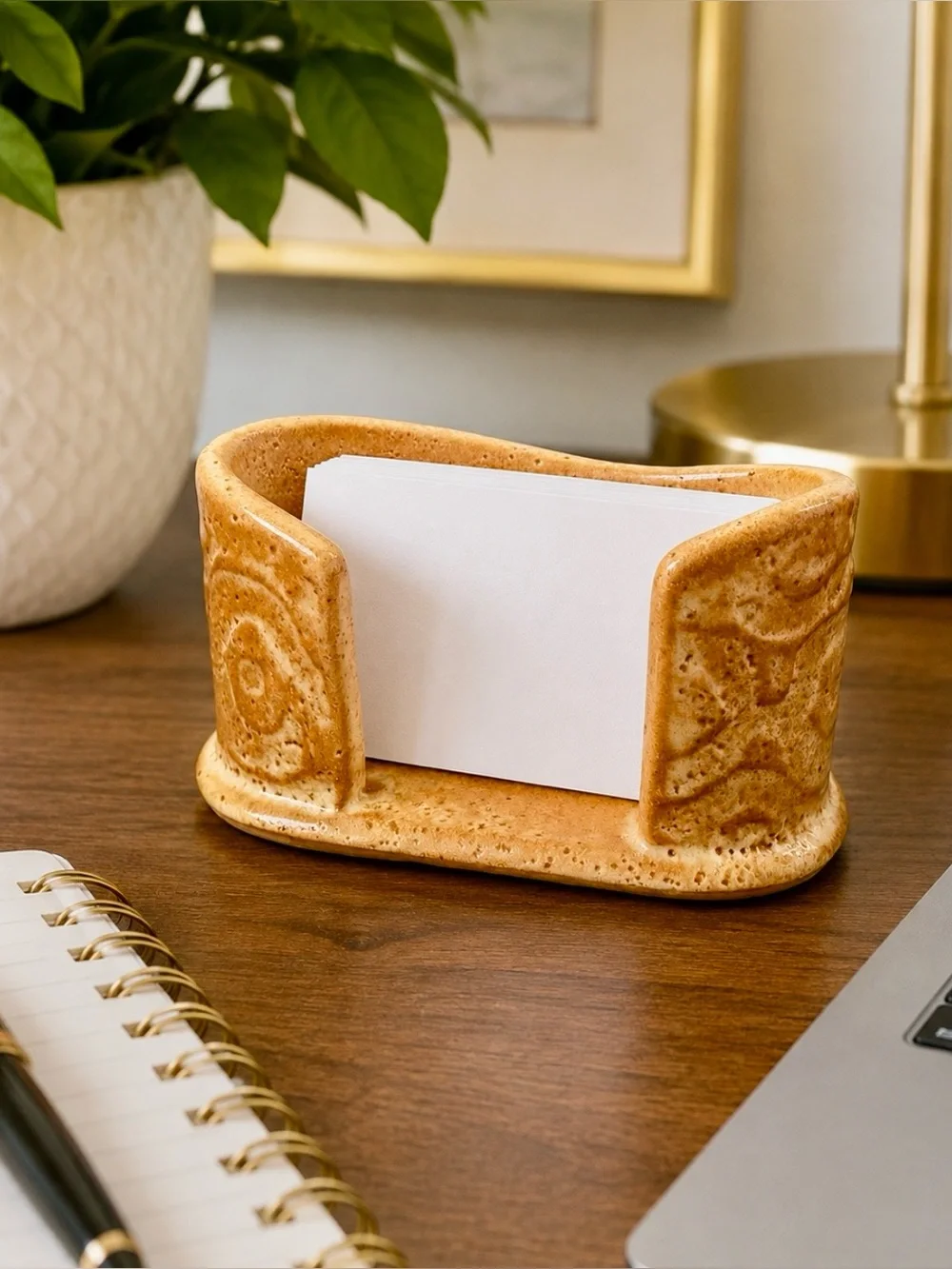 Signed Hughes Studio Art Pottery Handcrafted Business Card Holder Desk Decor